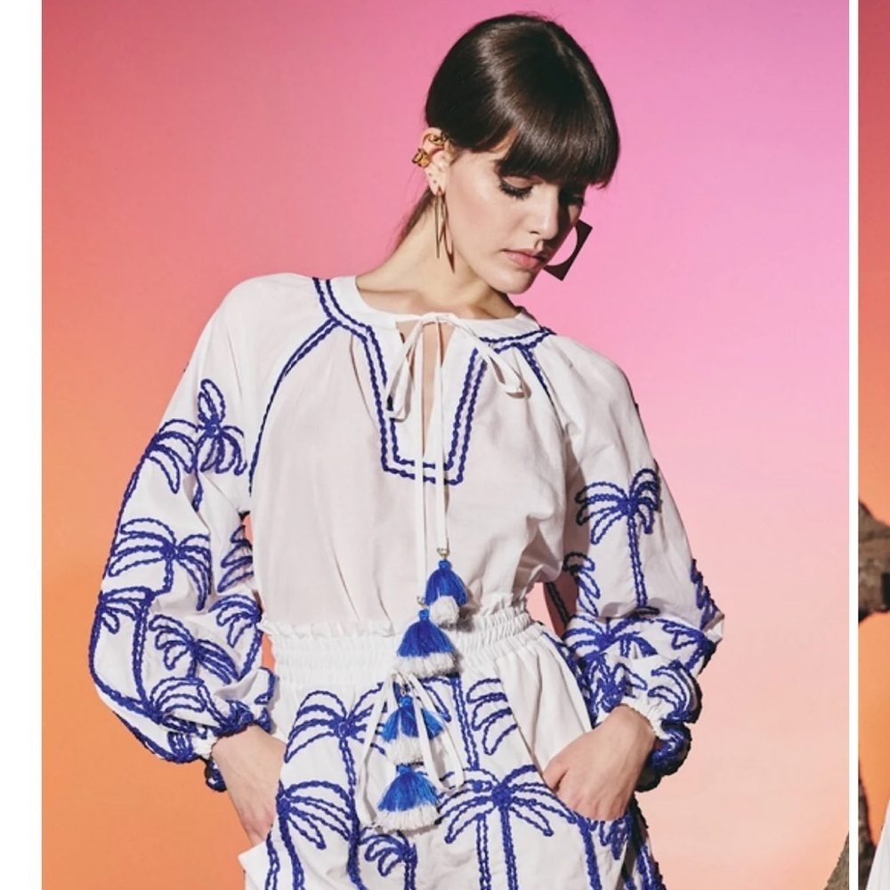 NWT Lace the Label White and Blue Embroidered Top 100% Cotton